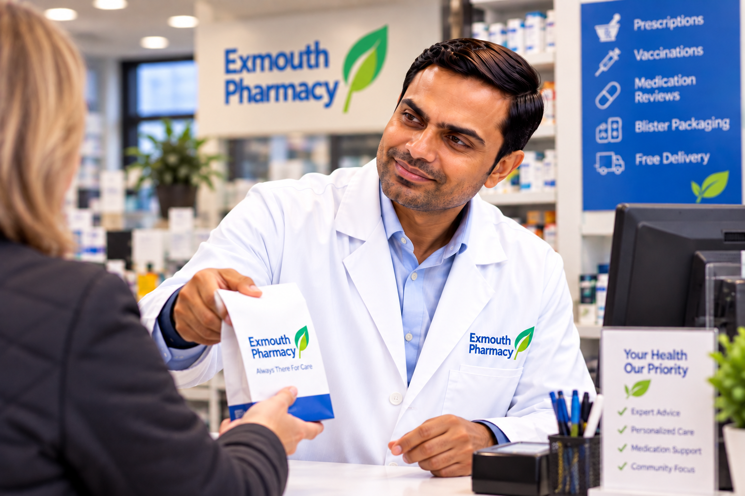 Vishal handing a pharmacy bag to a customer at the Exmouth Pharmacy counter.